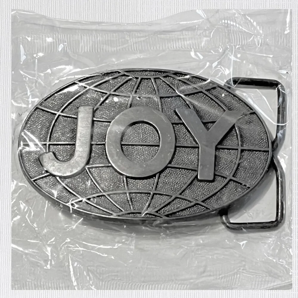 VTG Joy Mining Belt Buckle Pewter Tone Gray Metal Oval Globe Company Logo Mens